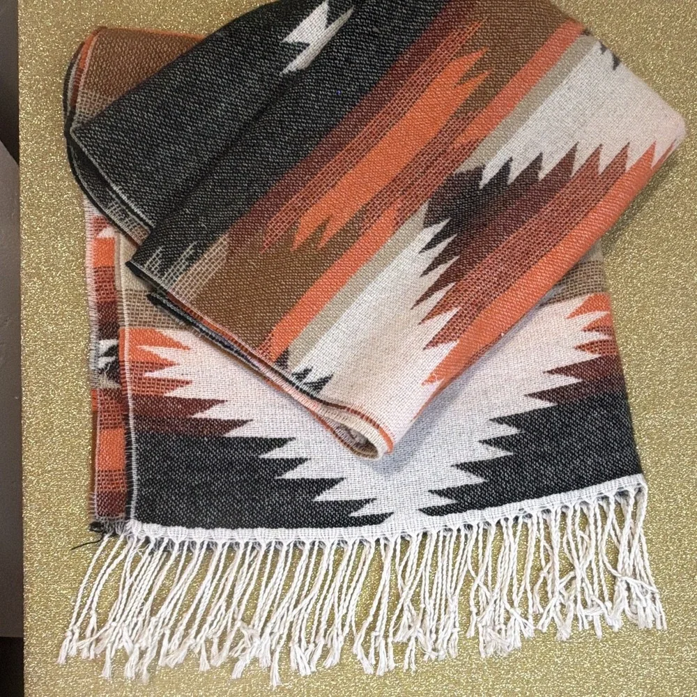 Southwestern Geometric Fringed Multicolor Scarf Wrap 27 x 80 in